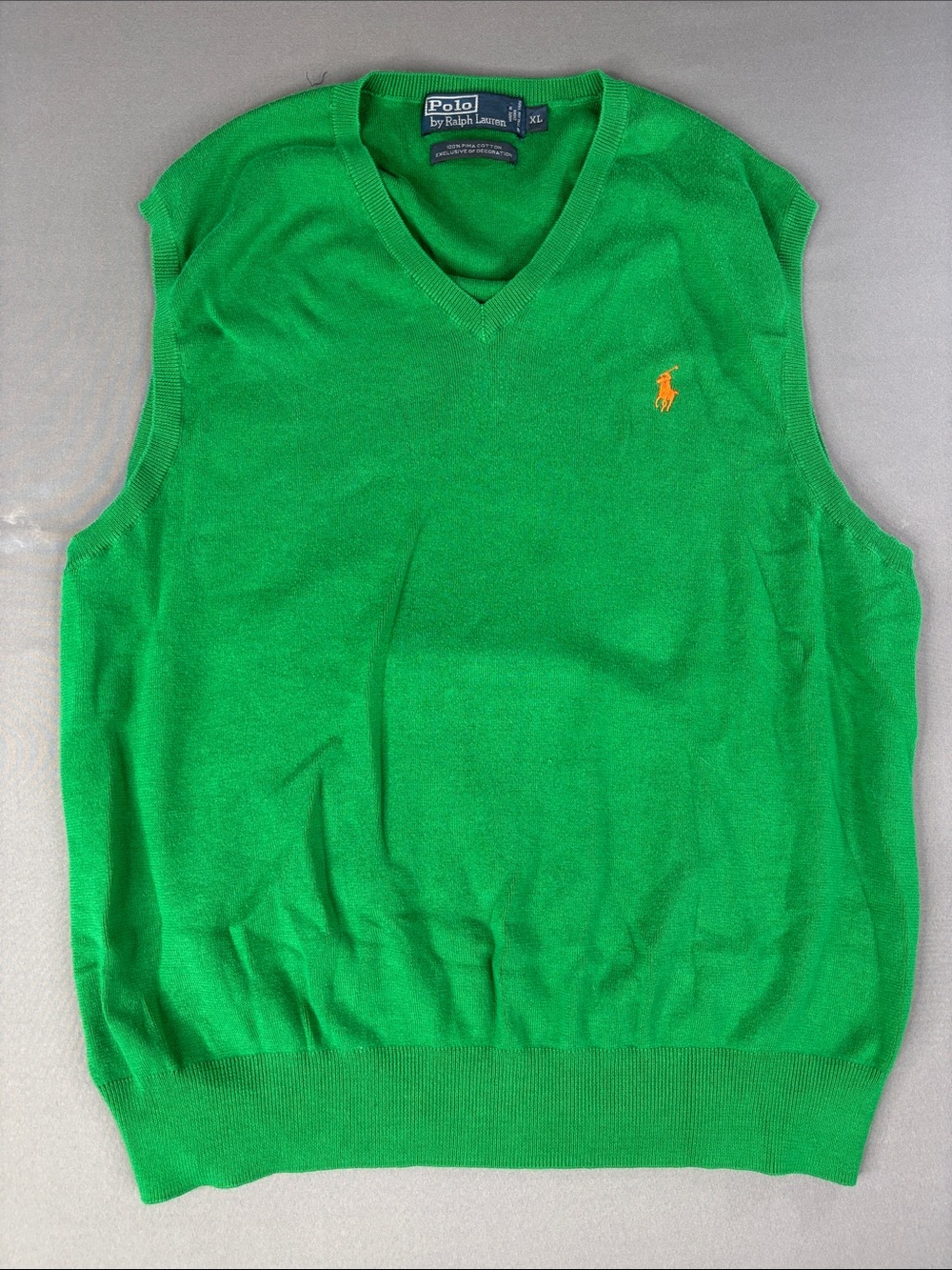 Ralph Lauren Vest Men’s Extra Large Sweater Green V-Neck Orange Pony Golf Pima